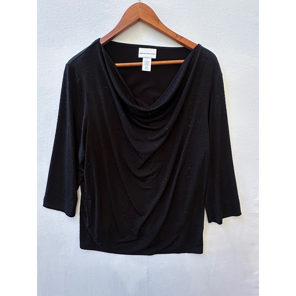 Alfred Dunner Womens Black Cowl Neck Beaded Evening Top 3/4 Sleeve Size L